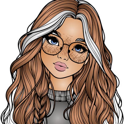 girl with long hair and freckles and glasses realistic