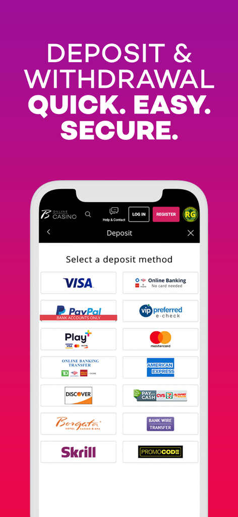 Borgata Casino - Real Money - Ein Smartphone-Bildschirm mit der Einzahlungsseite der Borgata Casino App und sicheren Zahlungsmethoden wie Visa und PayPal.