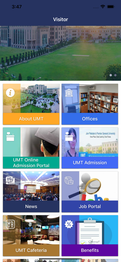 myUMT - Dashboard of the myUMT app for visitors showing links to admissions news job portal and cafeteria information