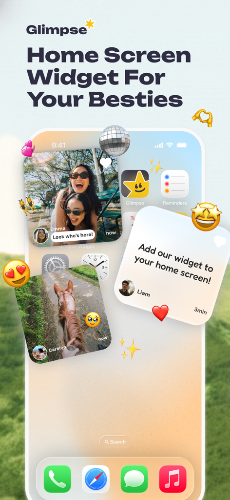 Glimpse: BFF & Couples Widget - Schermata Home dell'app Glimpse che mostra widget con foto e testo condivisi tra amici