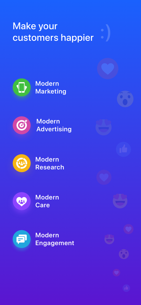 Sprinklr app interface showing modern marketing advertising research care and engagement categories