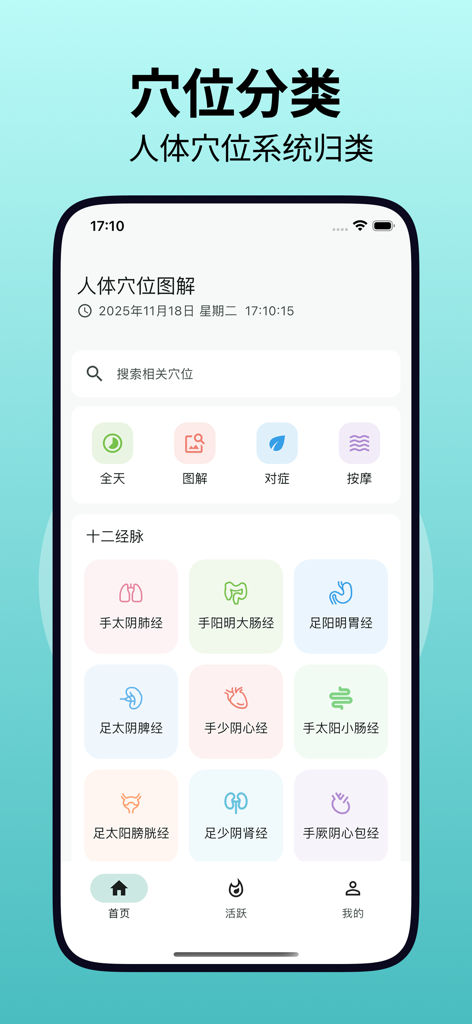 Mobile app interface displaying acupuncture point categories and twelve meridians illustration