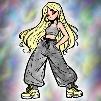 girl in baggy pants crop top and long hair