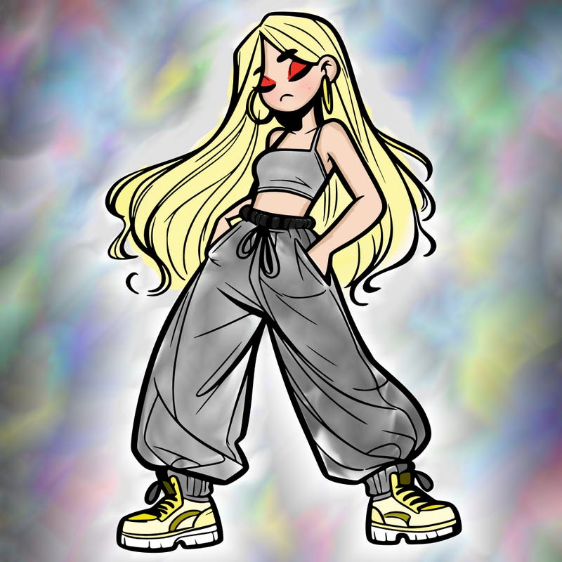 girl in baggy pants crop top and long hair