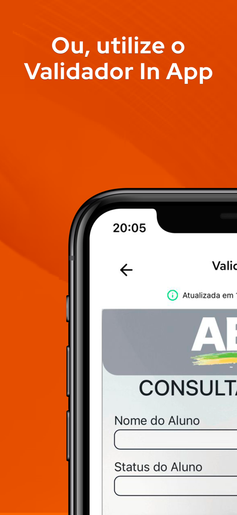 Vou de Meia - Tela do aplicativo móvel Vou de Meia mostrando o recurso de validador de identidade estudantil com campos para nome e status.