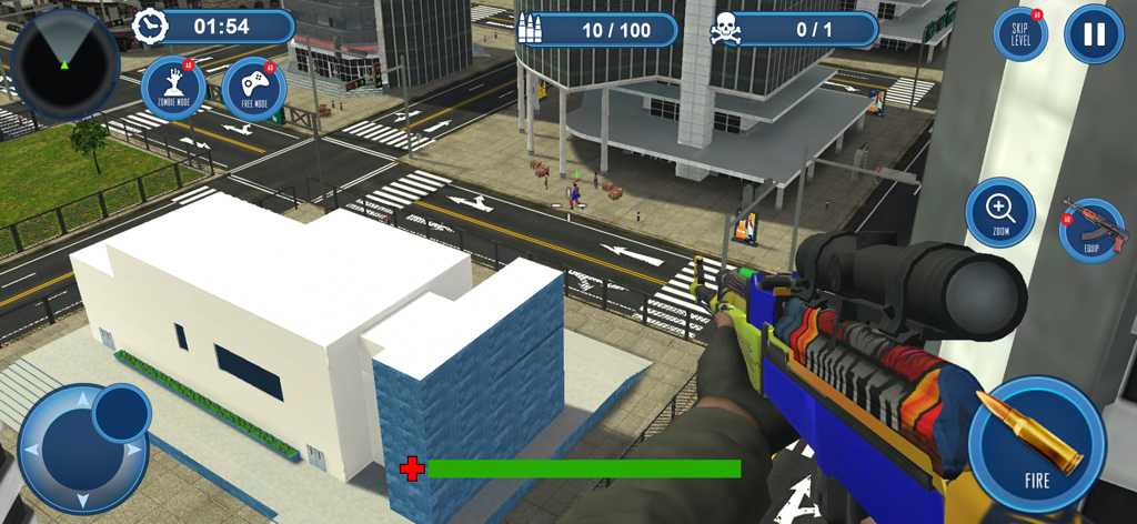 Police Car Chase Gangster Run - First-person sniper view overlooking a city street in a police action game