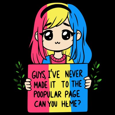 a girl holding up a sign that says, guys, i’ve never made it to the popular page, can you help me?