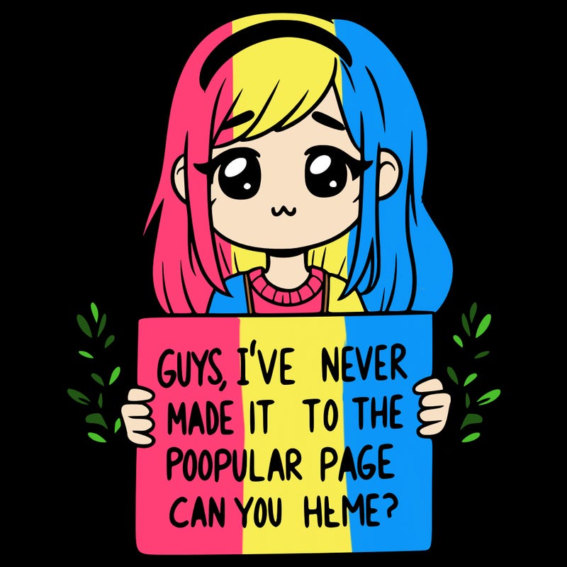 a girl holding up a sign that says, guys, i’ve never made it to the popular page, can you help me?