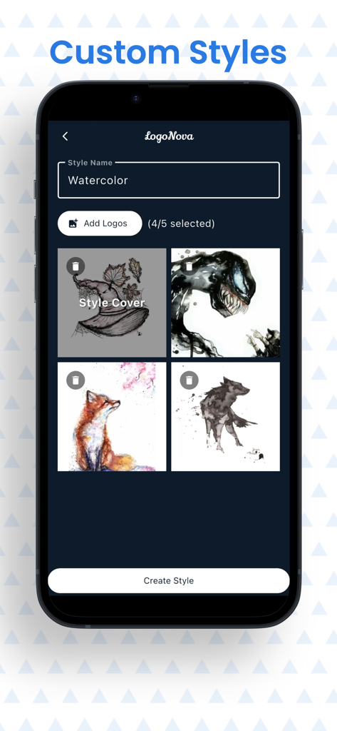 LogoNova - Logo Maker & Design - 水彩ロゴの例を含むカスタムスタイルの作成のためのLogoNovaアプリ画面