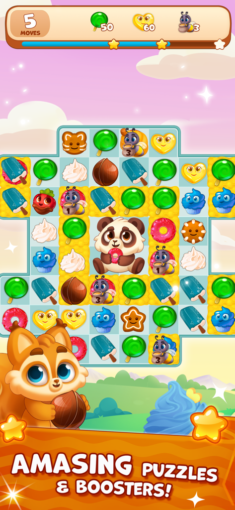 Candy Valley - Match 3 Puzzle - Gameplay screen of Candy Valley Match 3 Puzzle showing colorful candy tiles and cute animal characters.