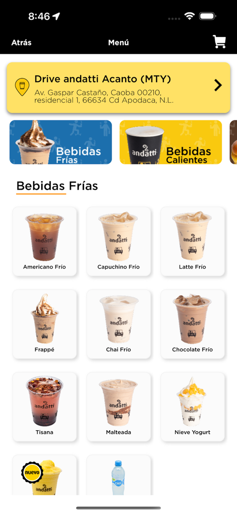 Círculo andatti - Pantalla de menú móvil de la aplicación Círculo andatti que muestra opciones de bebidas frías, incluyendo café helado y frappés