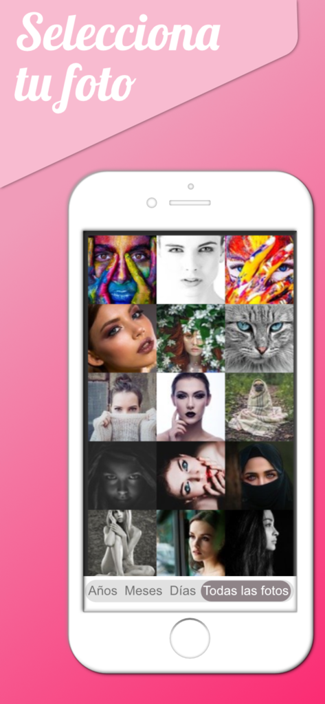 Calca app - A smartphone showing the Calca app image gallery selection screen with various portrait photos and a cat image