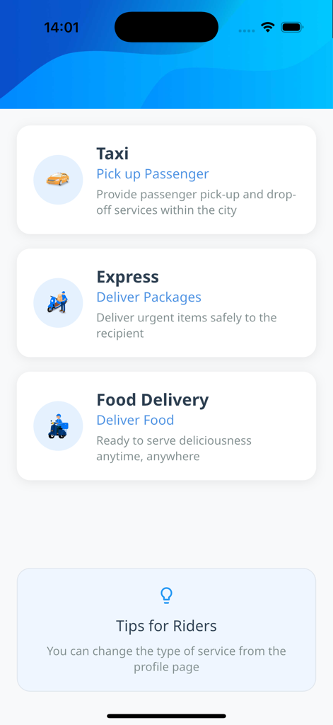Move Driver - Move Driver app screen showing taxi, package express, and food delivery service options