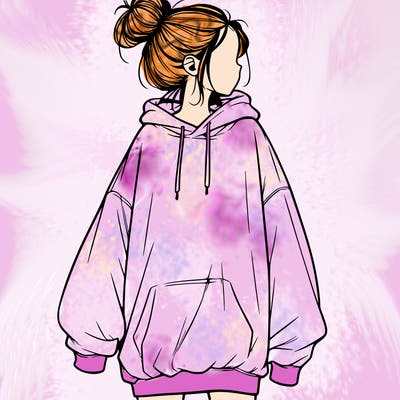 realistic girl with a oversized sweatshirt on and a bun