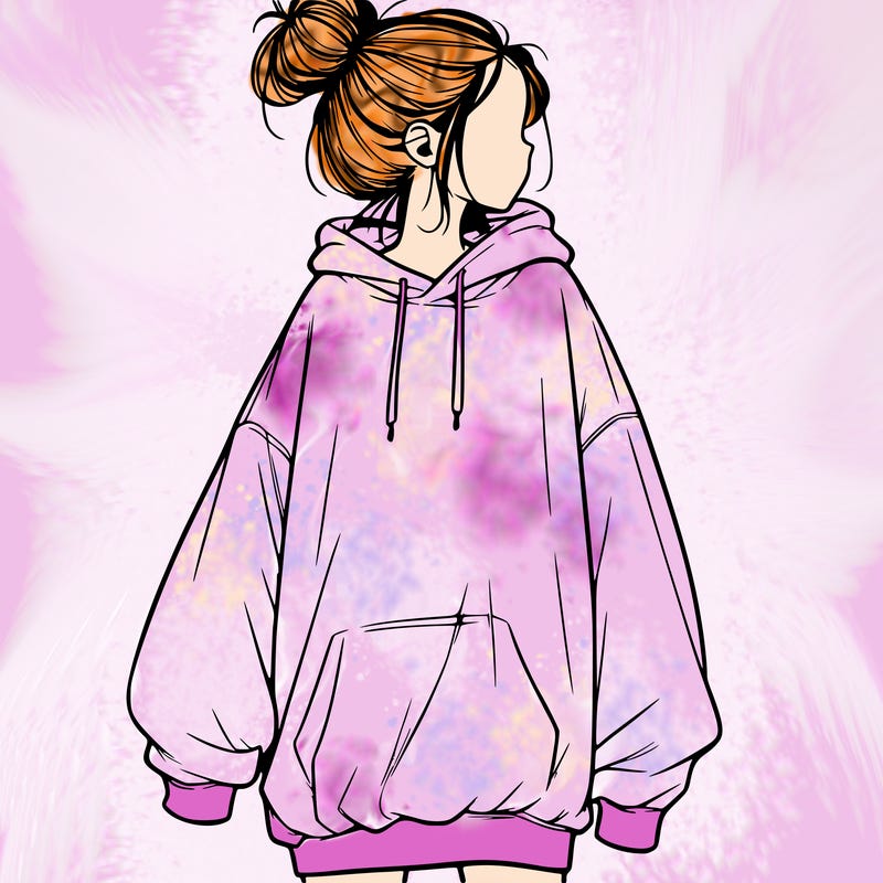 realistic girl with a oversized sweatshirt on and a bun