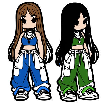 girl in baggy pants crop top and long hair