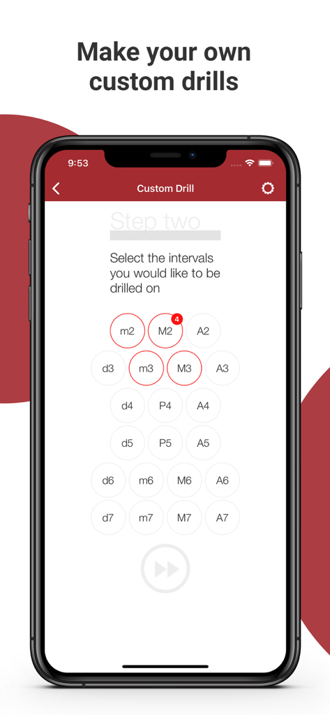 Complete Ear Trainer - Interface of the Complete Ear Trainer app showing a setup screen for selecting specific musical intervals to create a custom ear training drill