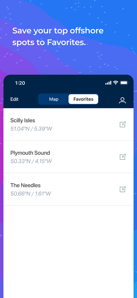 Buoyweather - Marine Forecasts - Una lista de ubicaciones favoritas guardadas en alta mar con coordenadas geográficas en la interfaz de la aplicación Buoyweather.