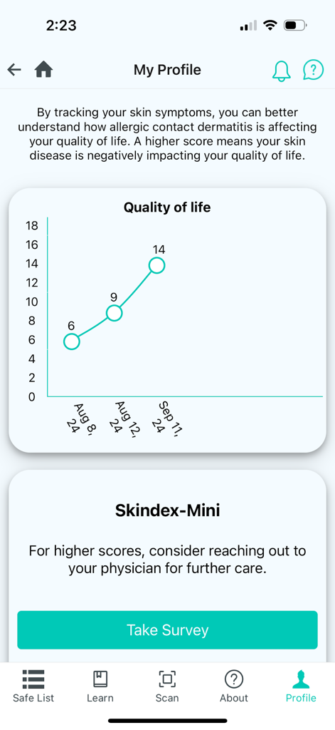 ACDS CAMP - ACDS CAMP app profile page displaying a line graph of quality of life scores and a survey button