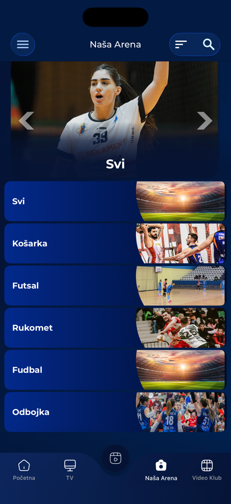 Arena Cloud mobile App-Oberfläche, die eine Liste von Sportkategorien wie Basketball, Fußball und Handball für Nutzer der Balkan-Diaspora anzeigt
