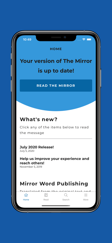 Mirror Study Bible - Home screen of the Mirror Study Bible app showing software updates and navigation menu