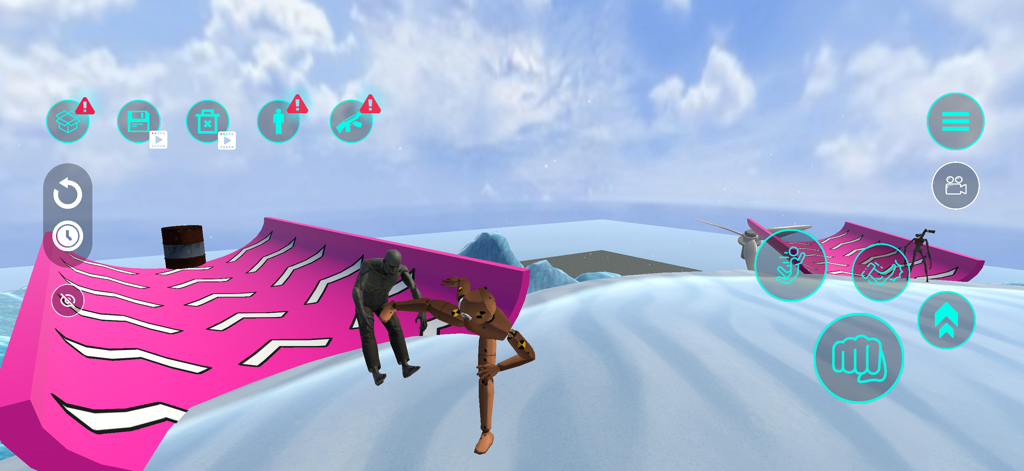 Ragdoll Sandbox 3D - 3D ragdoll characters in a physics sandbox environment with a large pink ramp and snowy ground