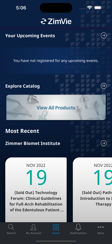 ZimVie Dental Education - Home screen of the ZimVie Dental Education app featuring upcoming events and a dental product catalog.