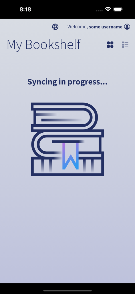 Ebook Central - Pantalla Mi estantería de Ebook Central mostrando un mensaje de sincronización en curso con una ilustración de un icono de libro
