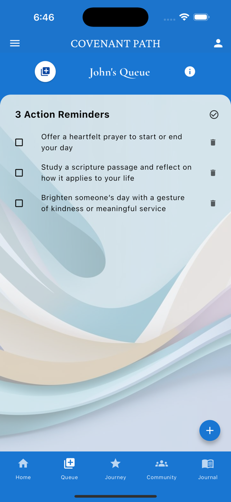 Covenant Path - Covenant Path app interface showing a list of daily spiritual tasks and reminders