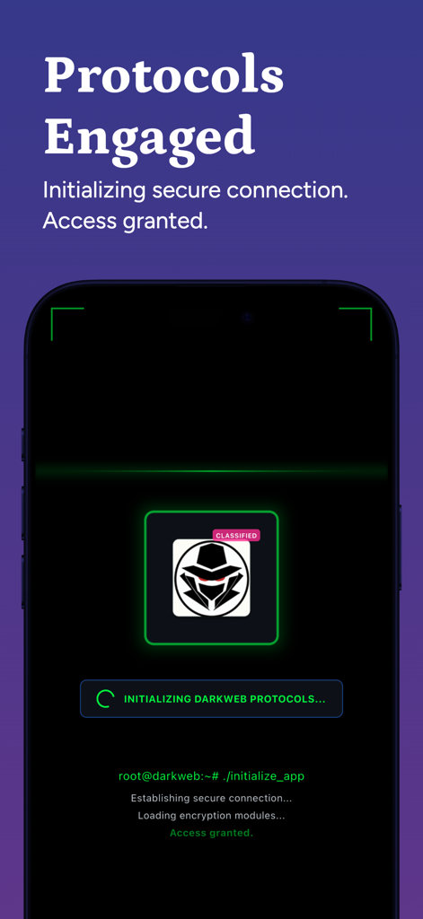 Loading screen of the Deep Web and Dark Web app showing a secure connection initialization with protocols engaged text.