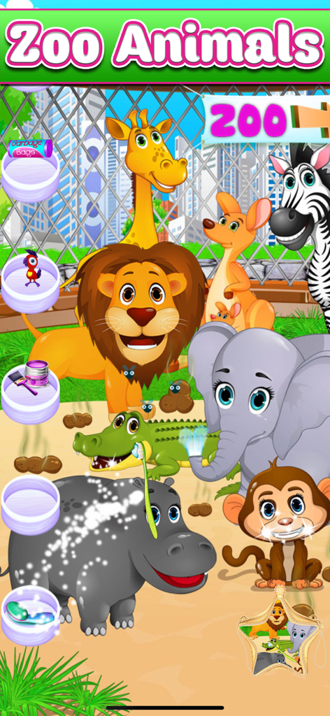 My Baby Pet Salon Makeover - Pantalla del nivel de animales del zoológico que muestra a un león, un elefante y un hipopótamo siendo limpiados y cuidados en un juego de salón de mascotas para niños.