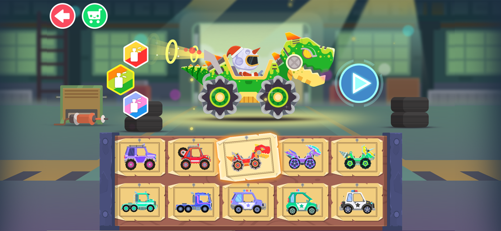 Car Racing Go Games for kids - Car Racing Goのカスタマイズ画面で、恐竜トラックや幼児向けの様々な乗り物が登場します。