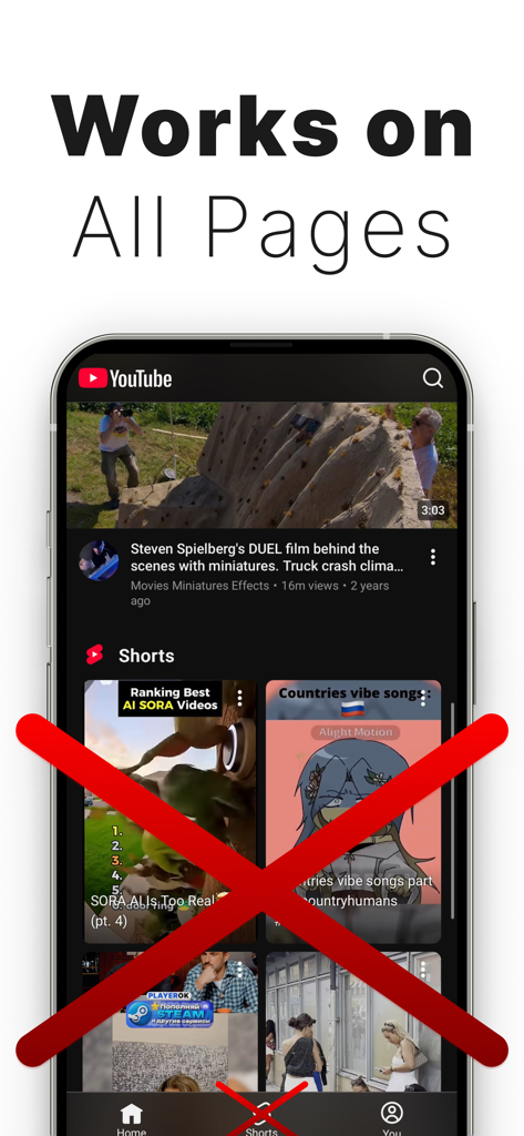 Smartphone screen showing the YouTube interface in Safari with the Shorts shelf crossed out by a red X