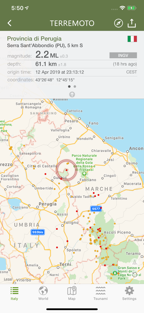 Aplicativo Terremoto exibindo atividade sísmica e dados de terremoto em um mapa da Itália