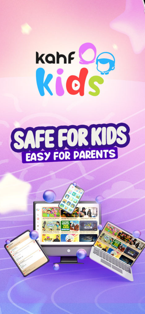 Kahf Kids app showing safe Islamic educational videos on various mobile devices for children and parents