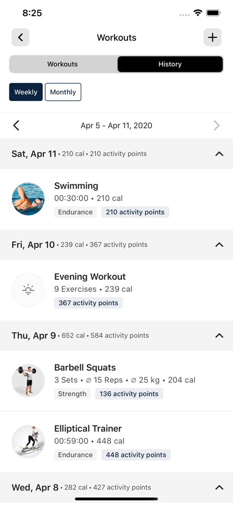 Screenshot of the Anatomy app showing a detailed fitness history log with activity points and calorie tracking for various exercises