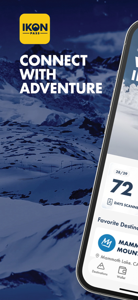 Ikon Pass - Ikon Pass app screen with mountain background and user stats