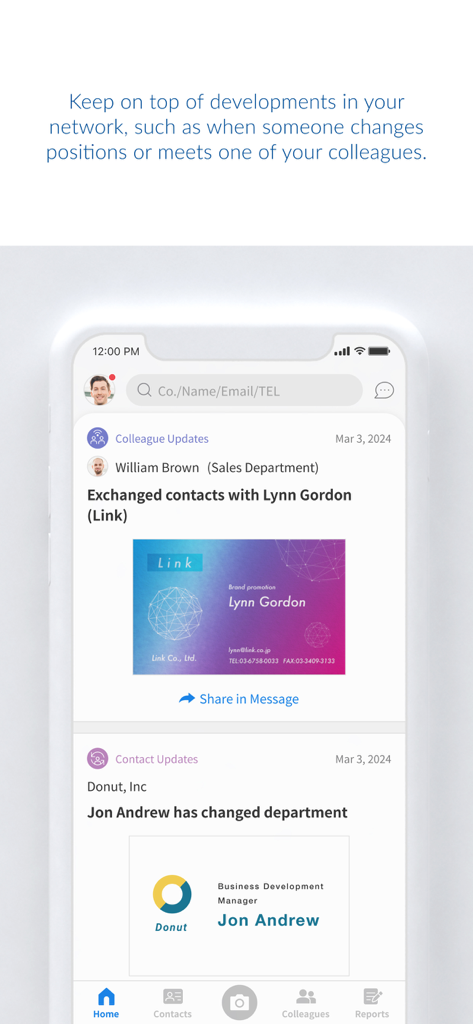 Sansan - Sansan mobile app news feed displaying colleague networking activity and professional contact updates