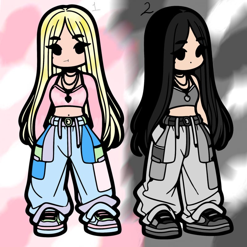 girl in baggy pants crop top and long hair