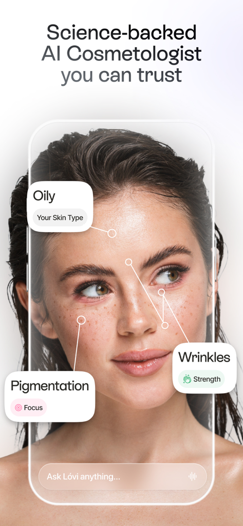 Lovi - AI Skin Care Scanner - Lovi app screen demonstrating AI skin analysis identifying oily skin pigmentation and wrinkles on a woman face