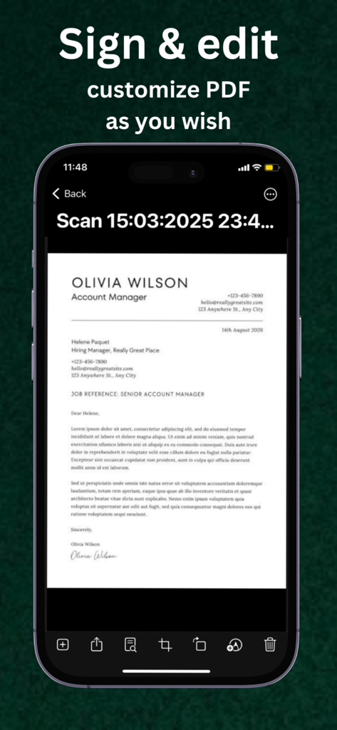 PDF Maker : Photos to PDF App - Pantalla del iPhone mostrando un documento con una firma digital en la aplicación PDF Maker