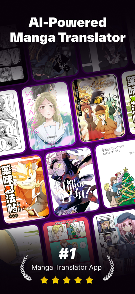 Manga Translator – Mangra - AI powered manga translator app interface with various manga covers and five star rating