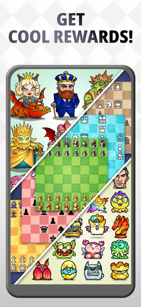 A collection of colorful chess board designs and character avatars available in Chess Universe.