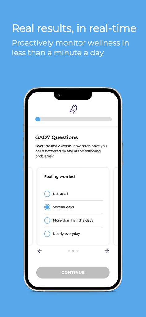 Canary Speech app interface displaying a GAD7 mental health questionnaire on an iPhone screen