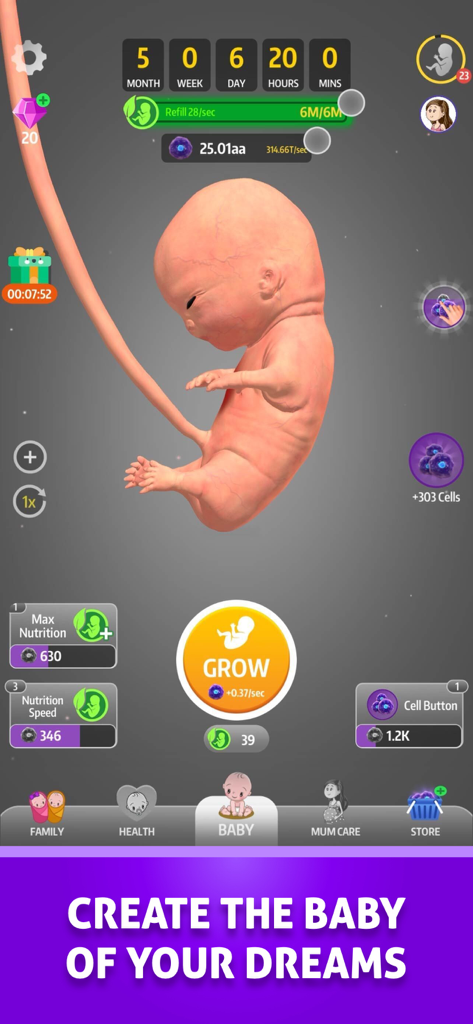 Gameplay screenshot of Idle 9 Months showing a 3D fetus and growth progression interface