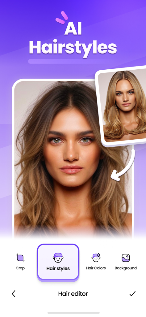 Hair Changer Editor AI Filters - A screenshot of the Hair Changer app showing a woman using the AI hairstyles feature to try on different virtual looks.