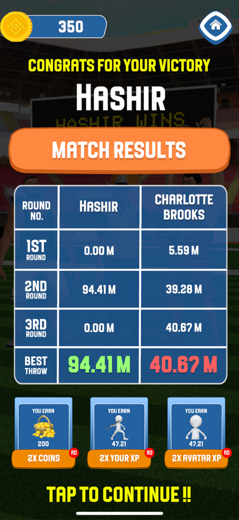 Javelin Clash: Spear Master - A match results screen in Javelin Clash showing a player victory with throw distances and earned rewards