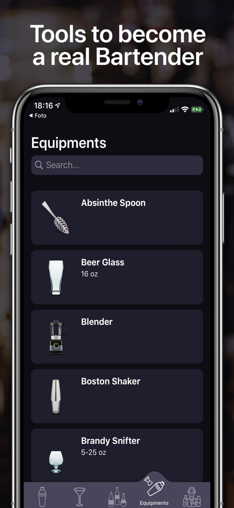 Cocktails For Real Bartender - Una lista de equipos y herramientas de bar profesionales dentro de la interfaz de la aplicación Cocktails For Real Bartender