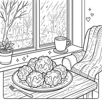 Unwind with our charming apple fritters coloring page, capturing the perfect rainy day scene. Delight in the details of a warm treat, steaming drink, and a view of the falling rain.