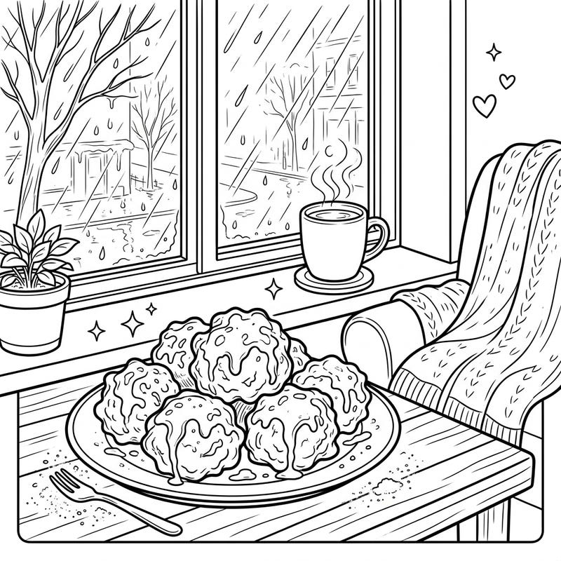 Unwind with our charming apple fritters coloring page, capturing the perfect rainy day scene. Delight in the details of a warm treat, steaming drink, and a view of the falling rain.